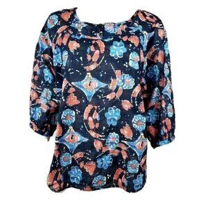 CJ‎ Banks Top Womens Plus Size X Blue Orange Sheer Short Sleeve Lightweight